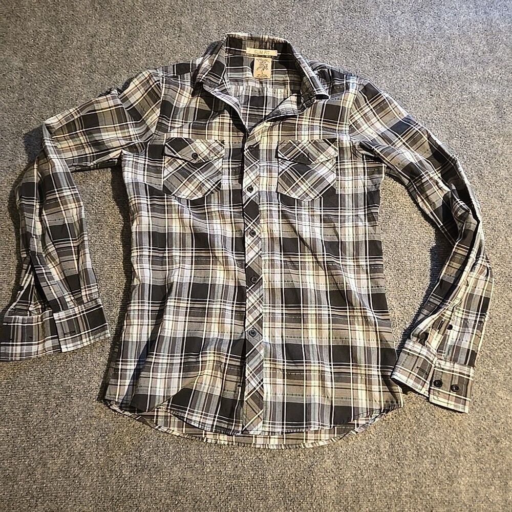 Blue Gear Shirt Mens Small Black Plaid Button Front Long Sleeve Slim Fit